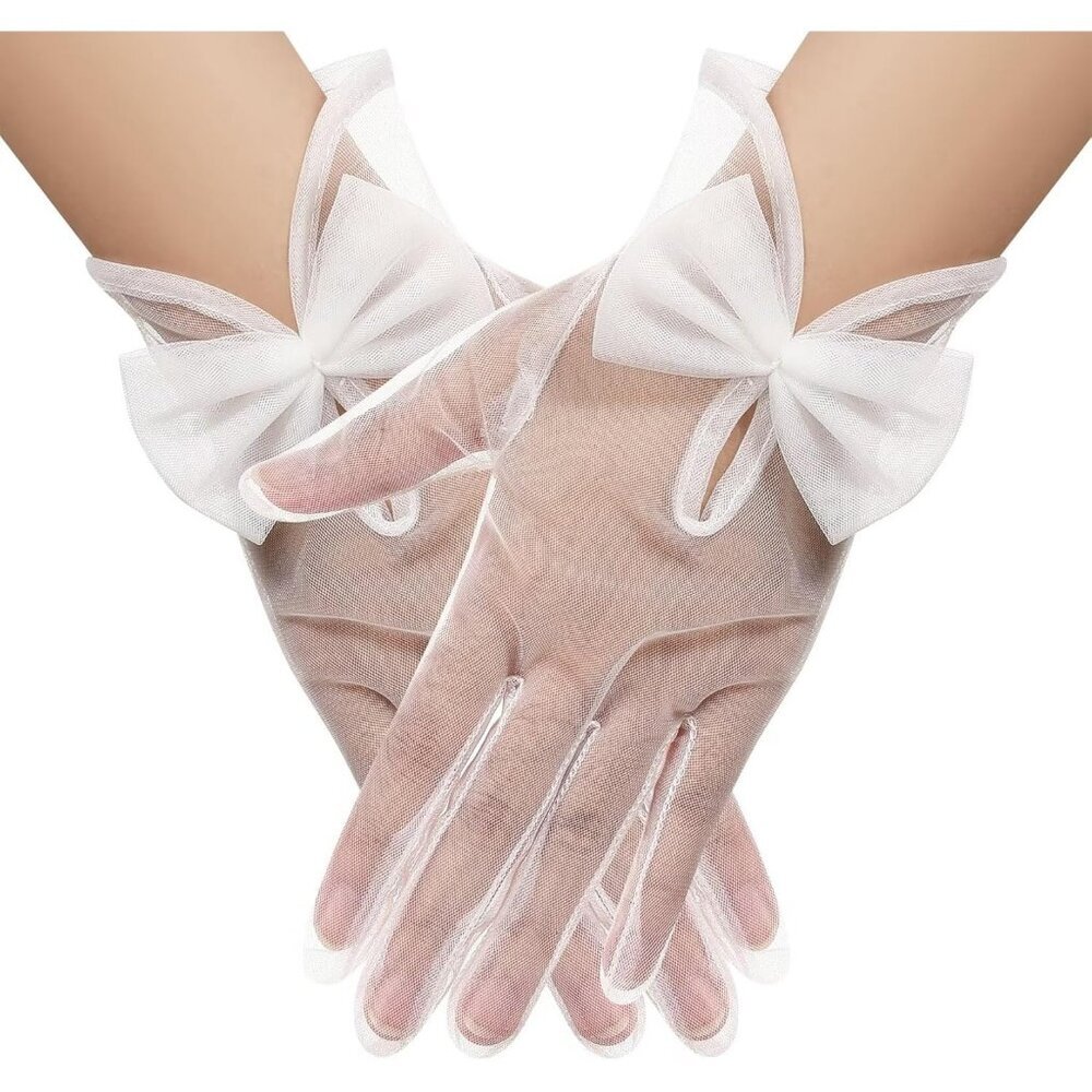 Women's White Evening Sheer Tulle Short Length Gloves Wrist Tea Party Prom